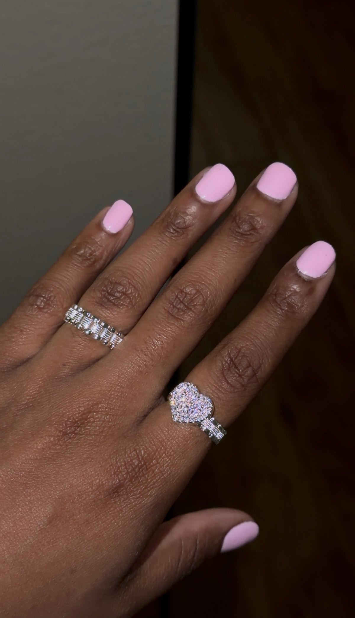 silver pink icy heart ring